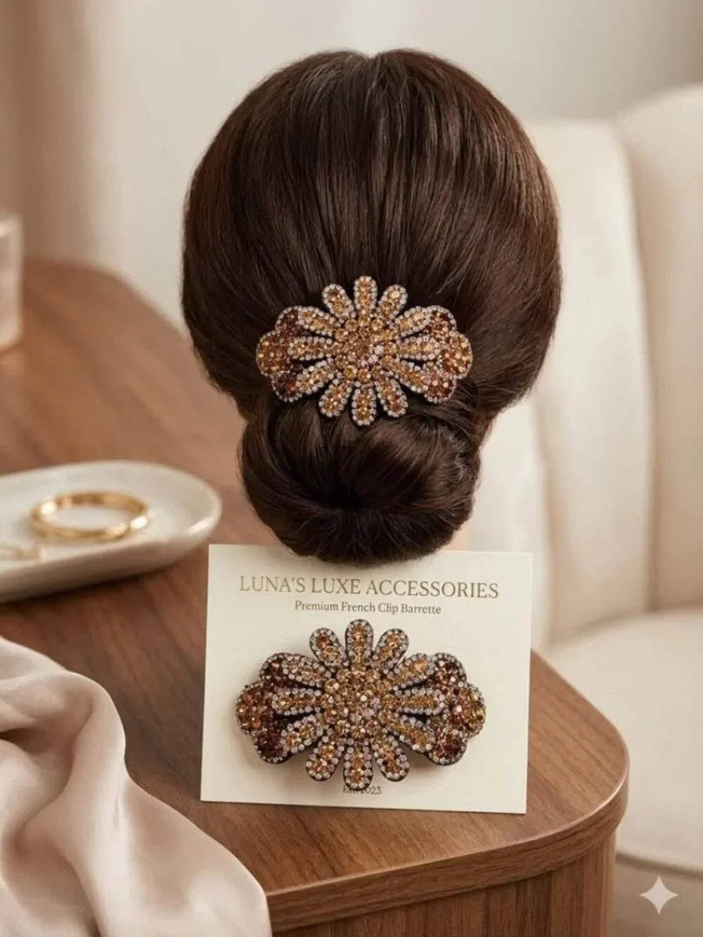 Amber Rhinestone Flower French Clip Barrette • Sparkling Crystal Hair Accessory